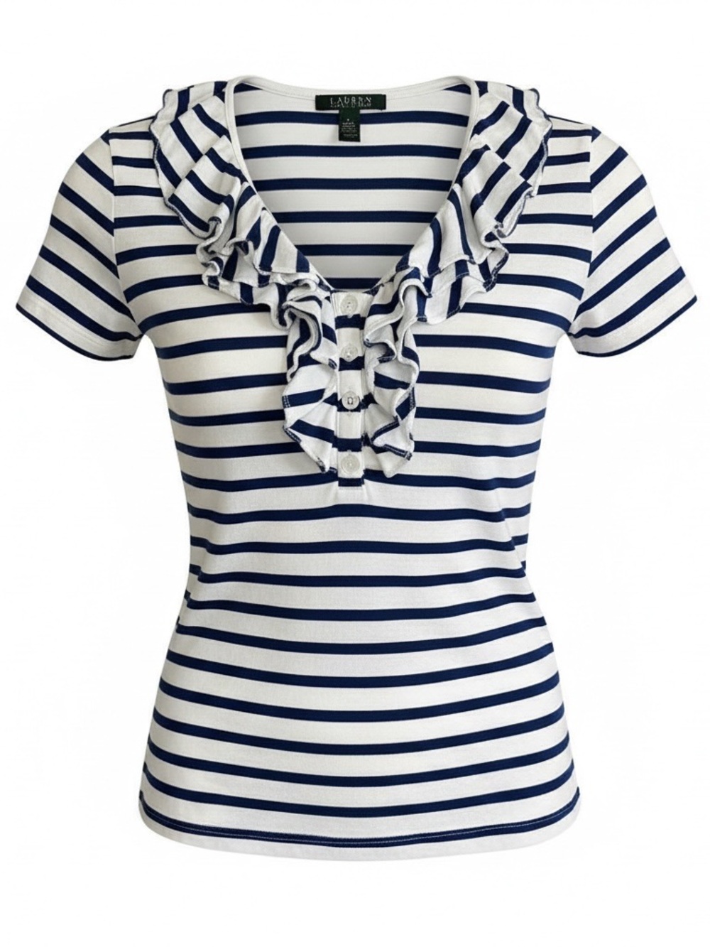 Lauren Ralph Lauren White and Navy Striped Ruffle Tee - Size Large 100% Cotton
